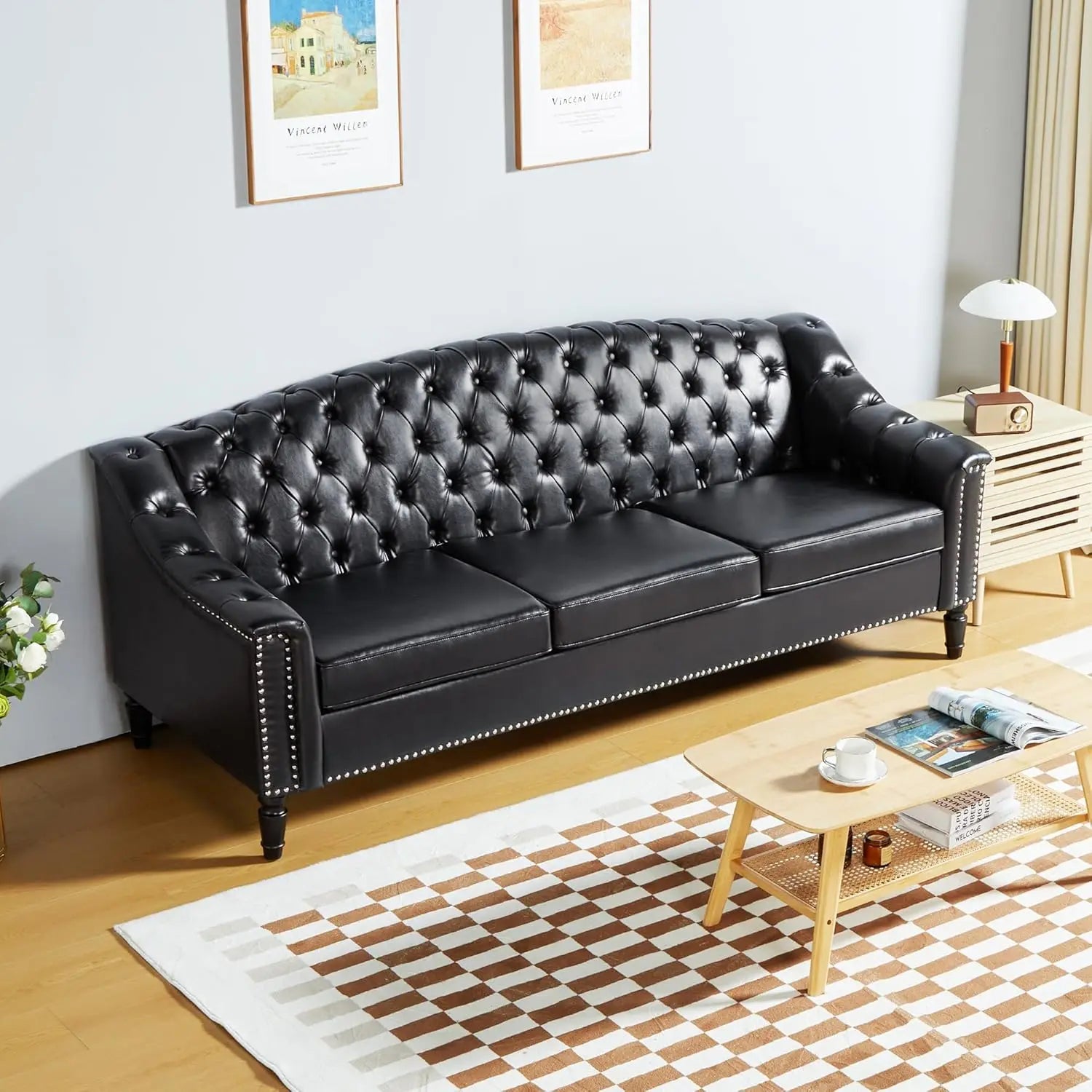 Mid-Century Modern Leather Couch, 80" Large Upholstered Sofa with High Back, Chesterfield Sofa Sleeper Settee , Customized