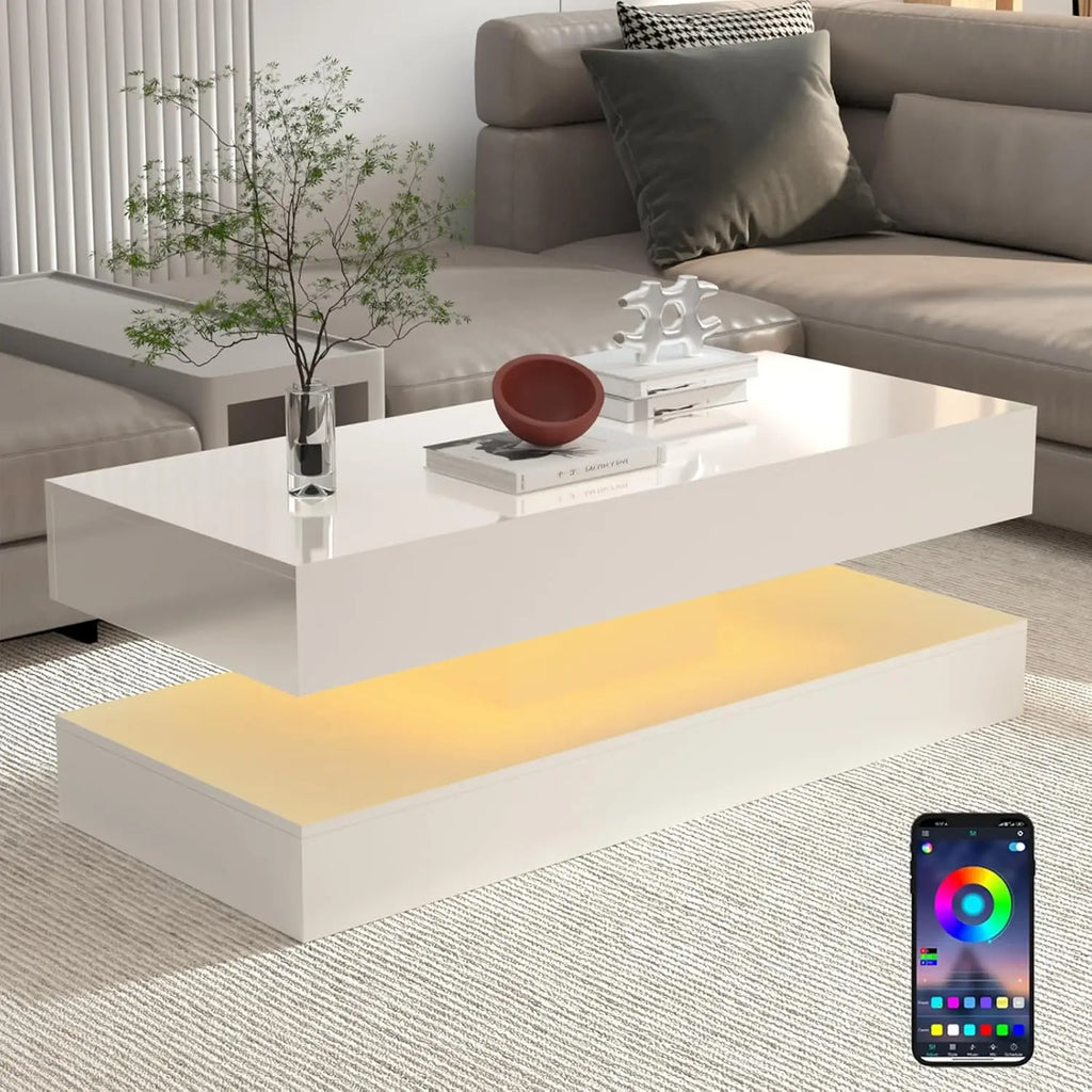 47.3IN High Glossy LED Coffee Table,Modern Center Table with 2 Storage Drawers for Living Room