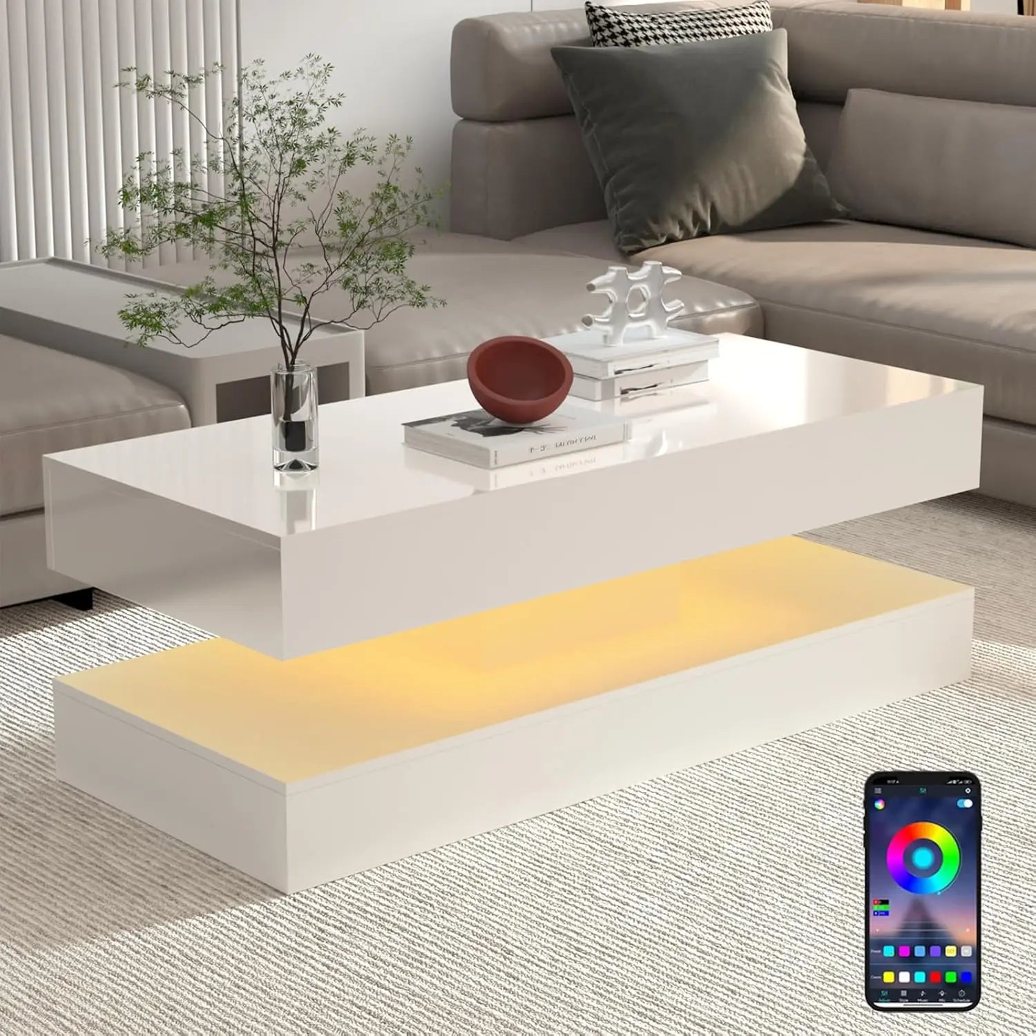 47.3IN High Glossy LED Coffee Table,Modern Center Table with 2 Storage Drawers for Living Room