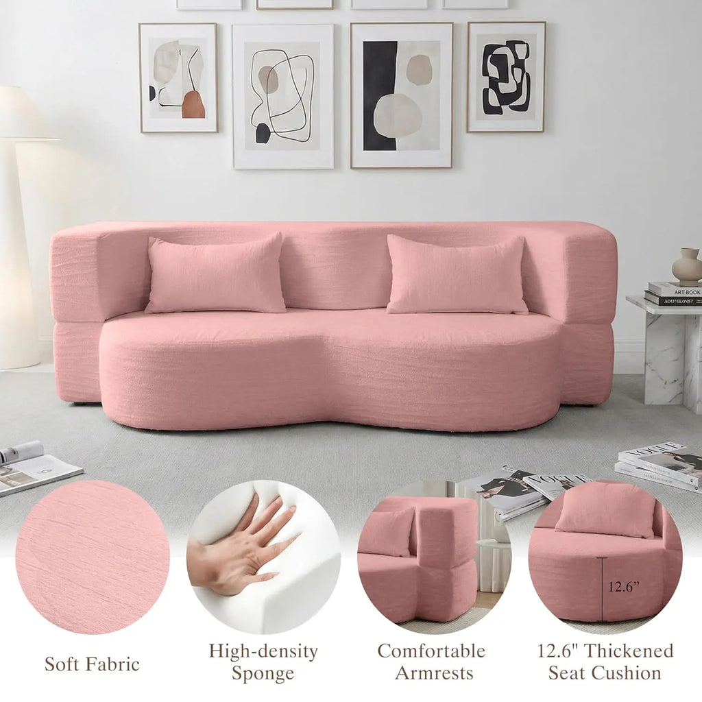 Queen Convertible Sofa Bed 2-in-1 Teddy Fabric Folding Floor Couch Mattress Living Room Guest Room No Assembly Pink, Customized