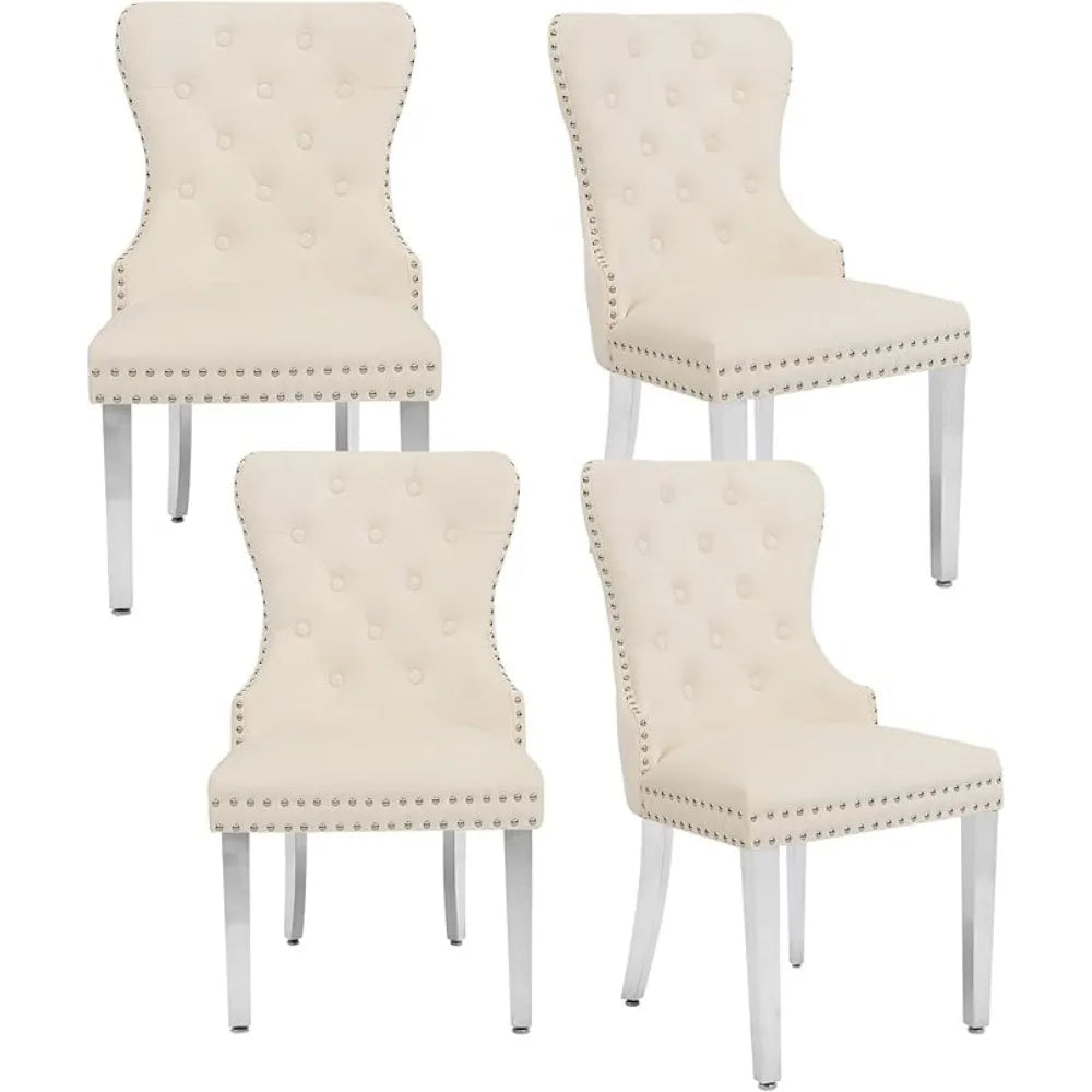 Velvet Dining Chairs Set of 4, Tufted Upholstered Dining Room Chair with Pull Ring and Stainless Steel Legs, Customized