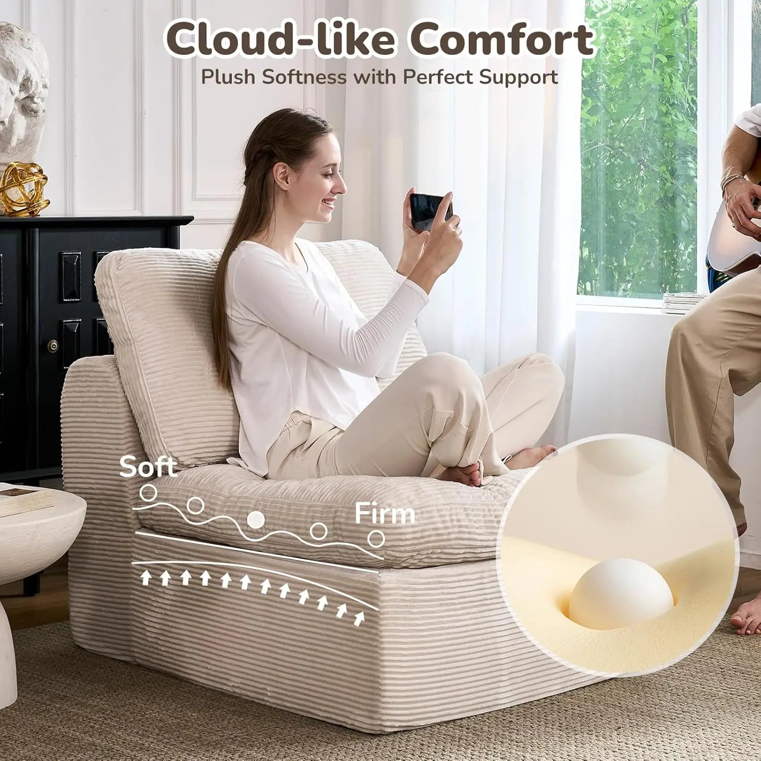 108" Boneless Cloud Sectional Couch for Small Living Room – L-Shape Modular Sofa with Ottoman, Deep Seat, Corduroy,, Customized