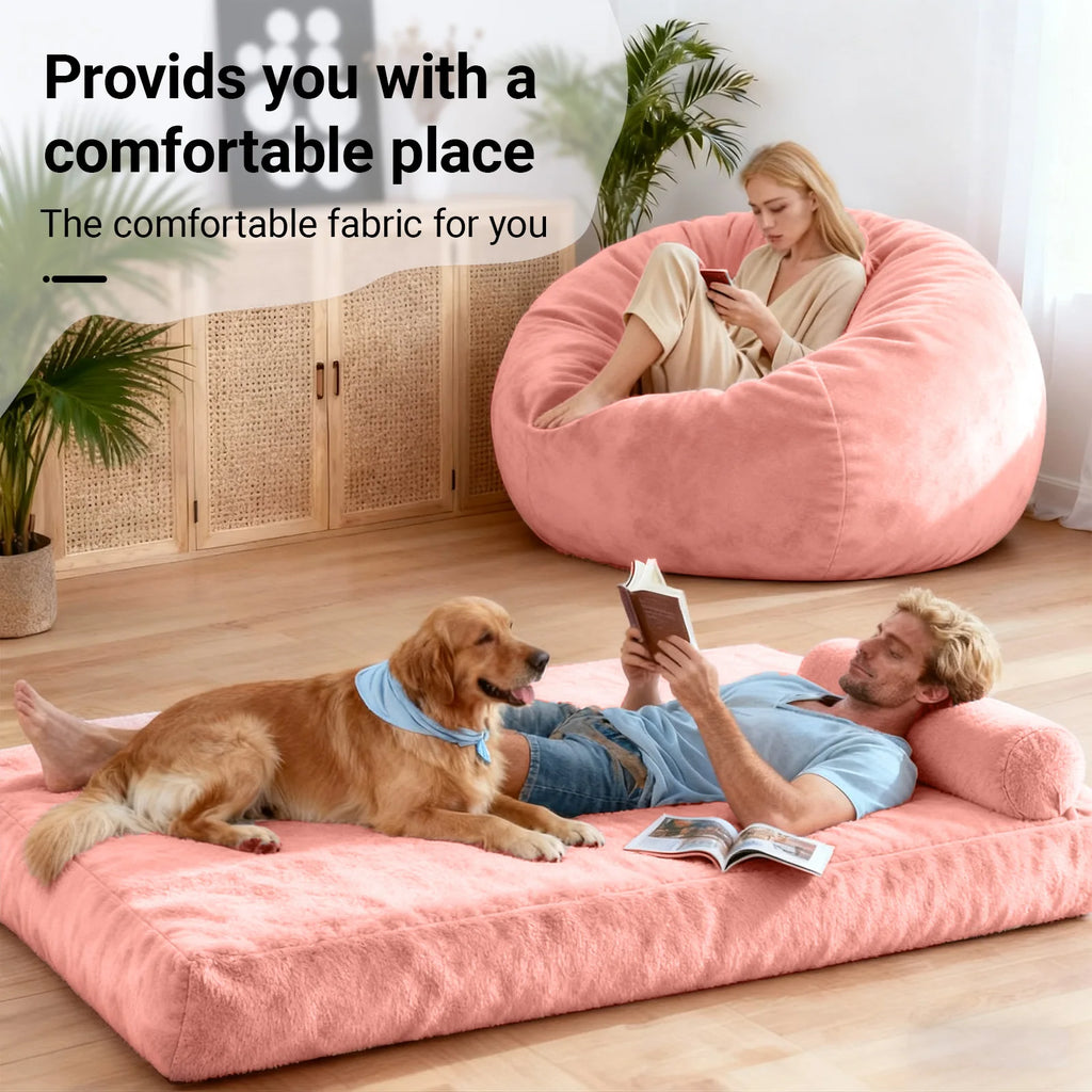 Adult-sized giant bean bag chair bed (pink), 2-in-1 large bean bag bed, convertible bean bag chair