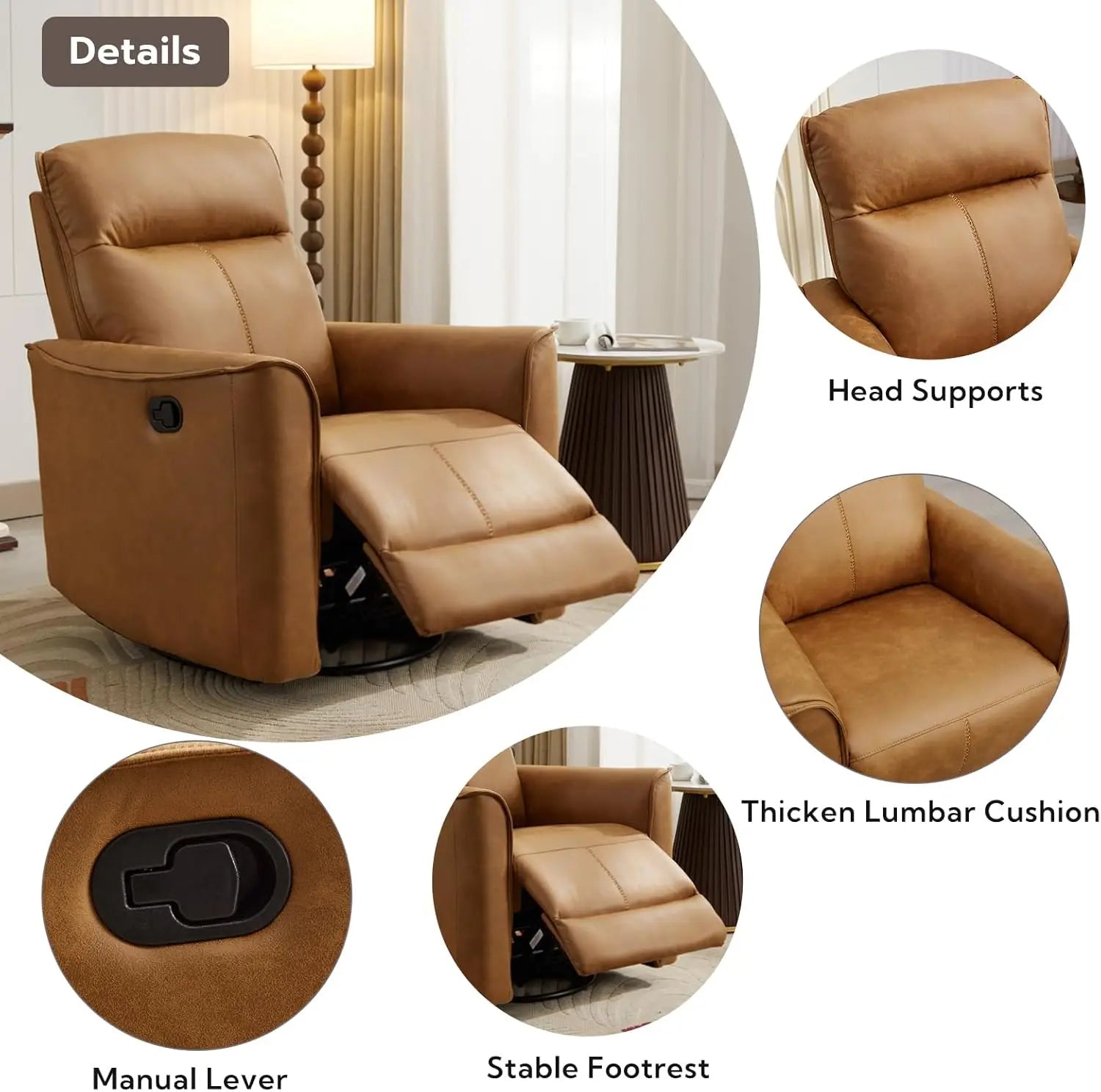 Manual Swivel Rocker Recliner, Glider Recliners with Padded Armrest and Backrest Reclining Sofa for Living Room