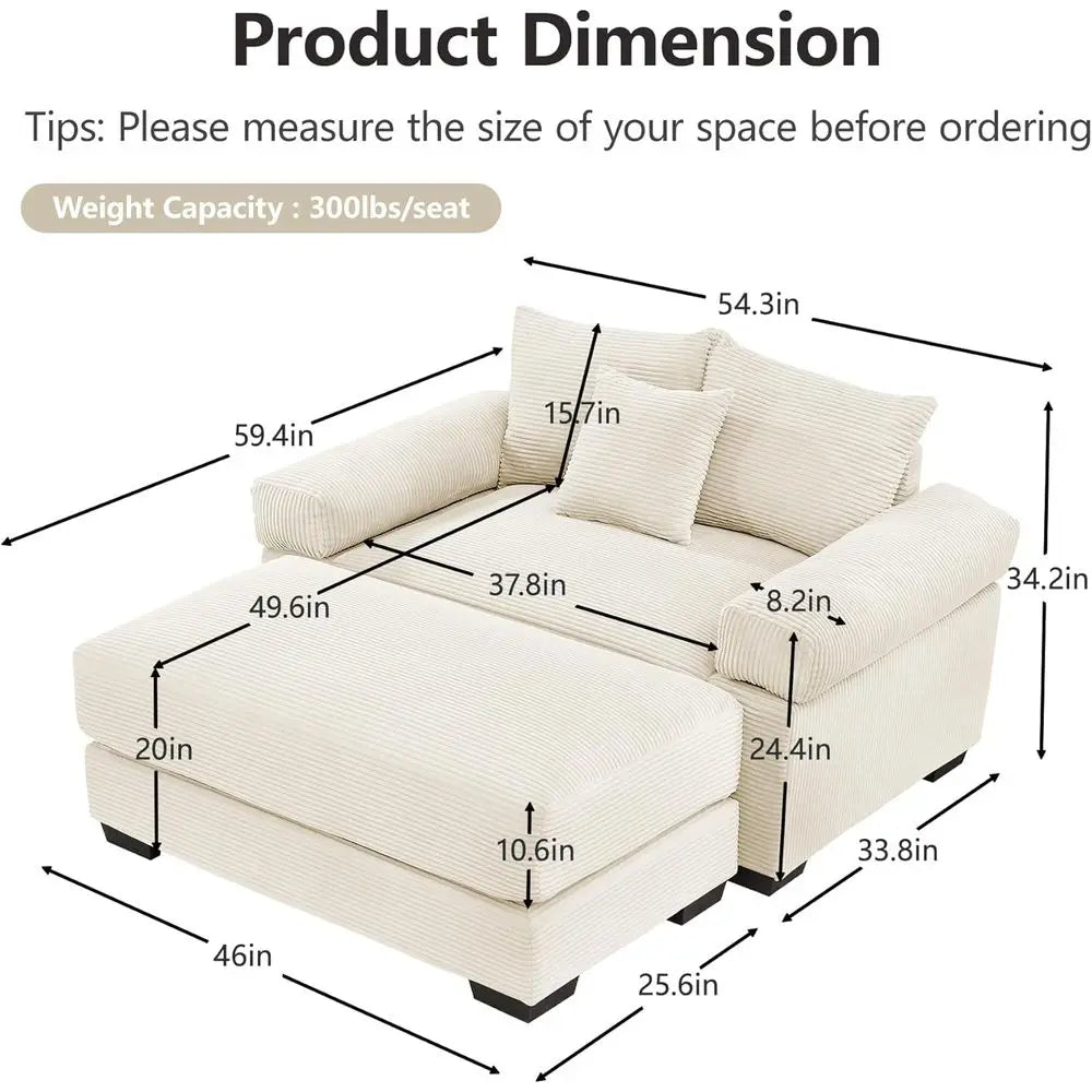 Large Plush Corduroy Accent Chair with Ottoman, Cloud-Soft Single Sofa, and Comfortable Indoor Chaise Lounge Chairs