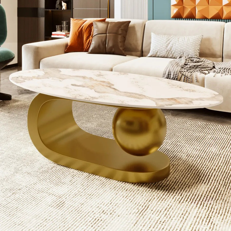 Modern Oval Coffee Table for Living Room Marble Pattern Sintered Stone Coffee Tabletop with Gold Stainless Steel Base in 47.2"