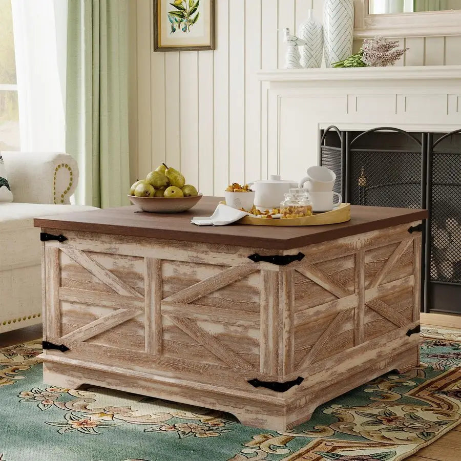 Farmhouse Coffee Table, HeavyDuty Coffee Table with Storage, Square Wood Center Table Set for Living Room with Pull Up Large Hid