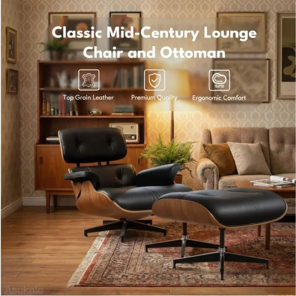 Elegant Black Leather Century Chaise with Ottoman, Accent Chair, Ergonomic Design, Sturdy Walnut Base for Living Room Lounge Off