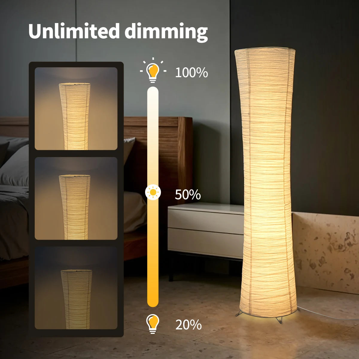 Paper floor lamp, paper and chrome-plated standing lamp, LED light strip, living room and bedroom decoration, festival lantern,