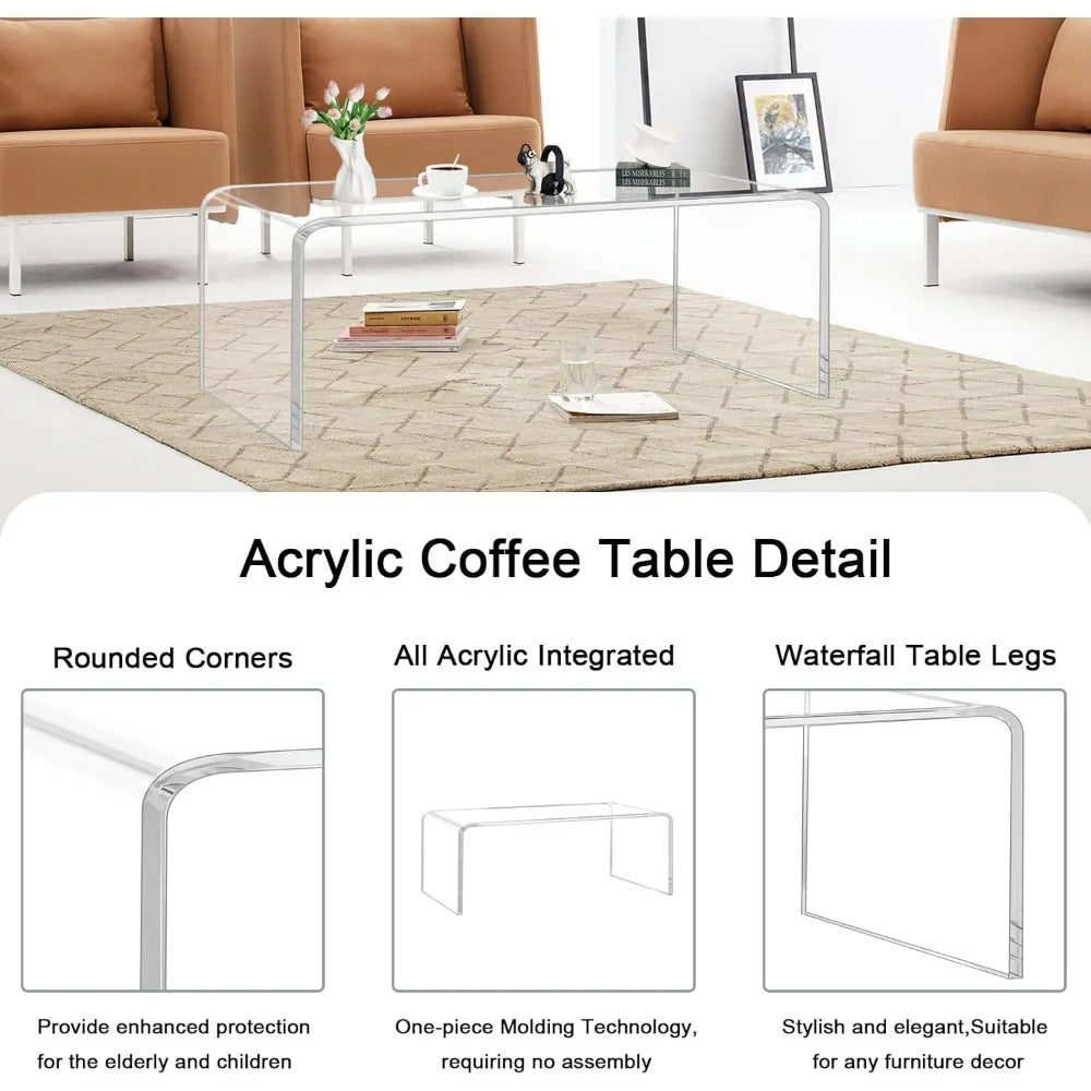 Acrylic Coffee Table, 44" x 16" x 16" x 4/5'' Thick Modern Clear Waterfall Table,Lucite Coffee Table for Living Room, Office and