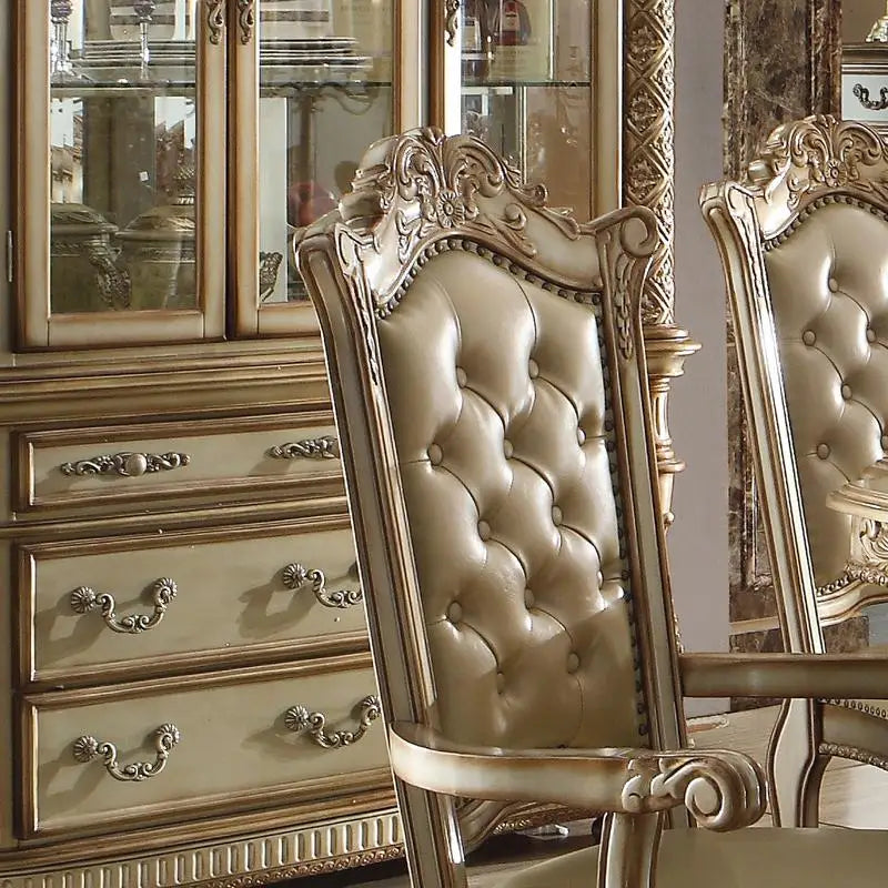 Set of 2 Bone and Gold Patina Tufted Back Arm Chairs