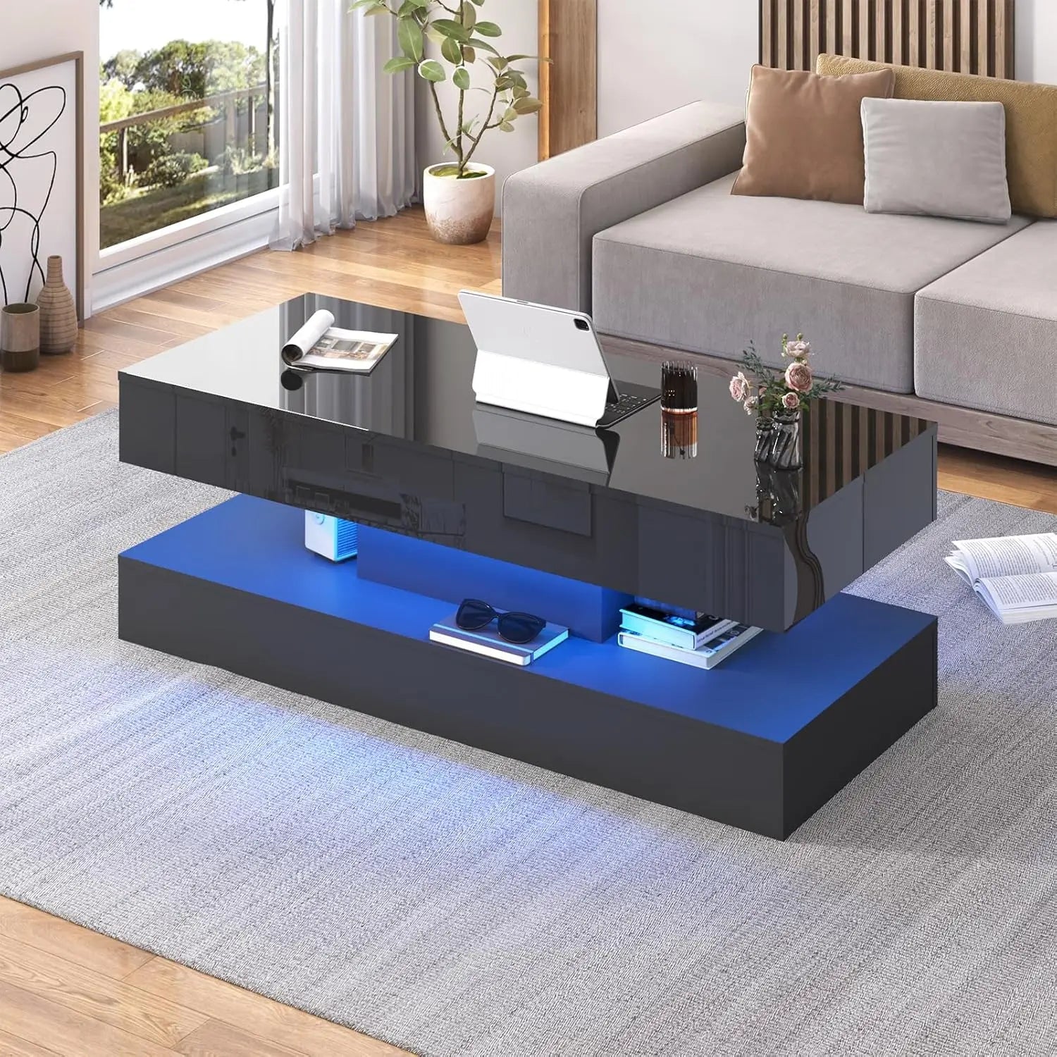 47.3IN High Glossy LED Coffee Table,Modern Center Table with 2 Storage Drawers for Living Room