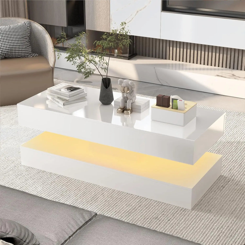 47.3IN High Glossy LED Coffee Table,Modern Center Table with 2 Storage Drawers for Living Room