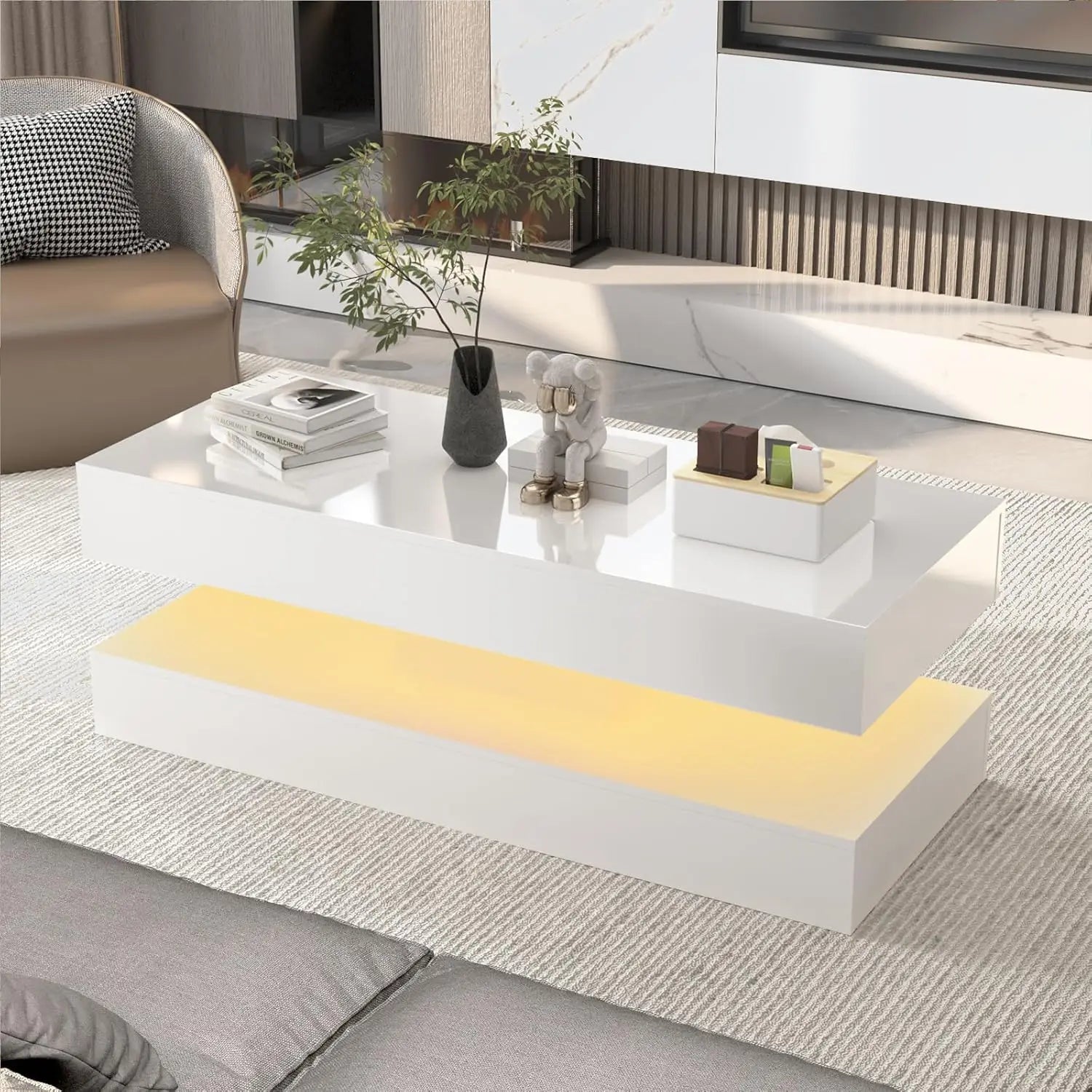 47.3IN High Glossy LED Coffee Table,Modern Center Table with 2 Storage Drawers for Living Room