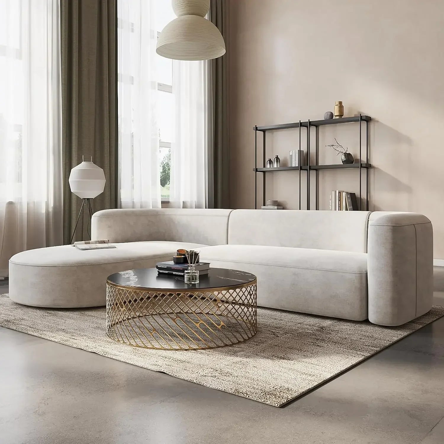 Luxury Modern Tight Curved Back Velvet Sofa, Minimalist Style Comfy Couch for Living Room Apartment, L-Shaped Sectional with