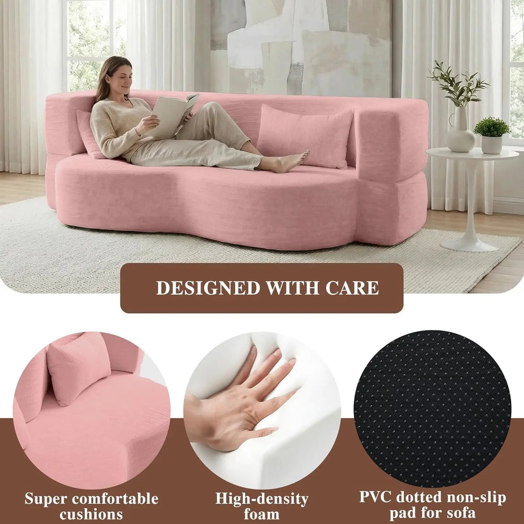 Queen Convertible Sofa Bed 2-in-1 Teddy Fabric Folding Floor Couch Mattress Living Room Guest Room No Assembly Pink, Customized