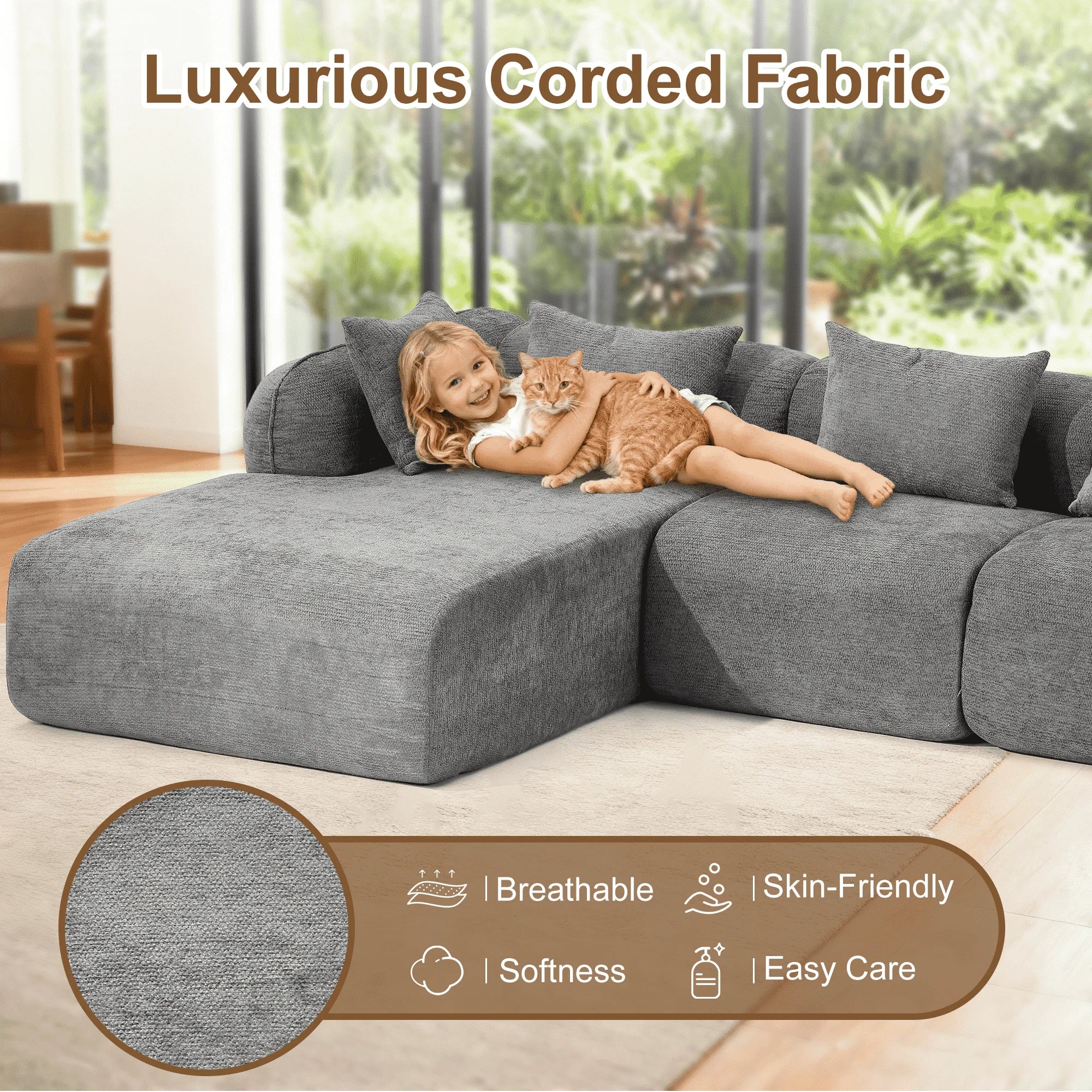 Redlife Sherpa Modular Cloud Sofa | Beige Fluffy Sherpa Deep Seat No-Assembly Sectional Couch for Small Living Room