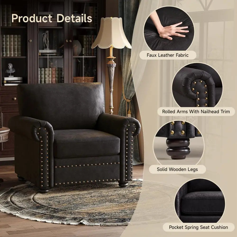 Black Grain Leather, Mid Century Chaise Lounge Chair and Ottoman, Leather Accent Chair, Modern Reading Chair, Classic Design, H