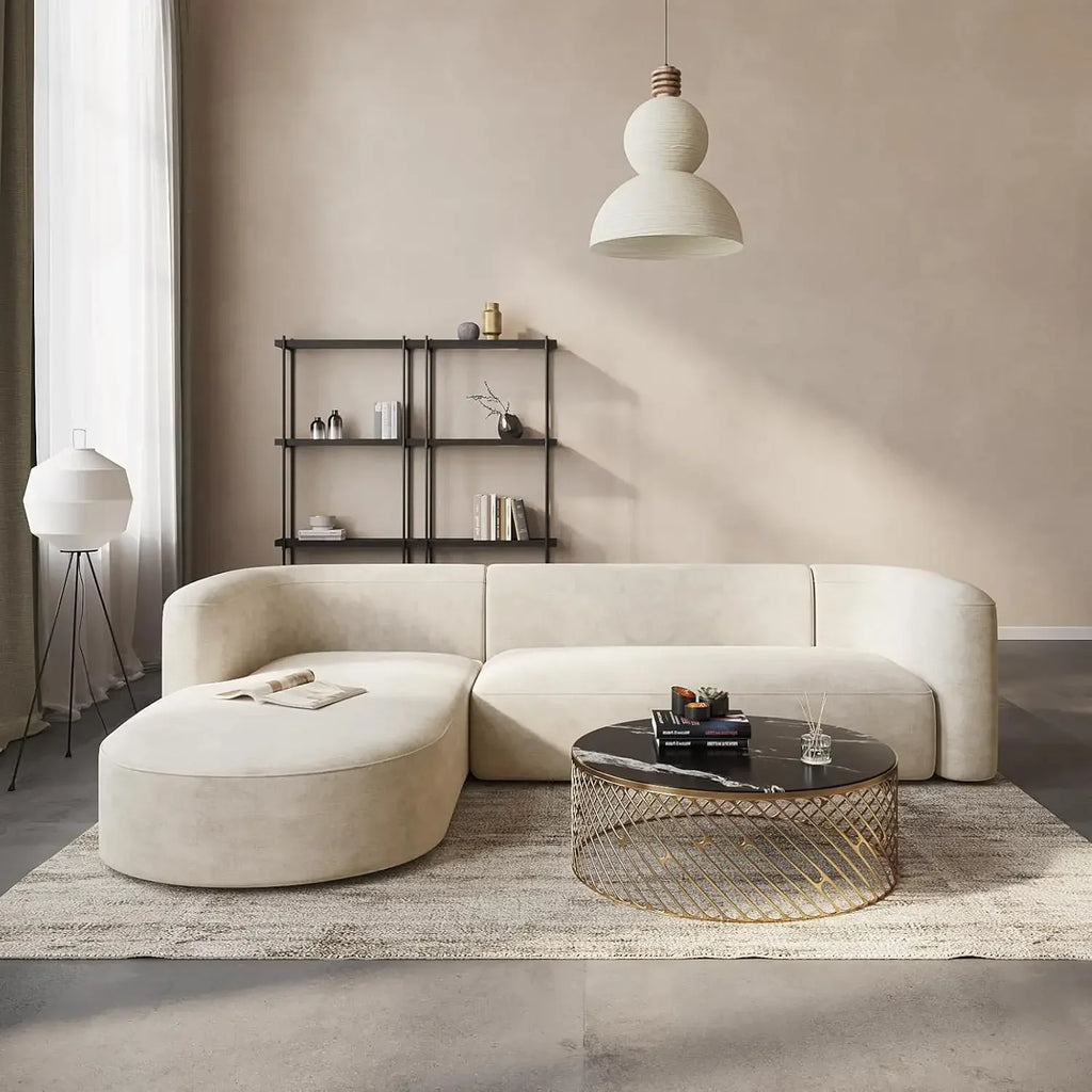 Luxury Modern Tight Curved Back Velvet Sofa, Minimalist Style Comfy Couch for Living Room Apartment, L-Shaped Sectional with