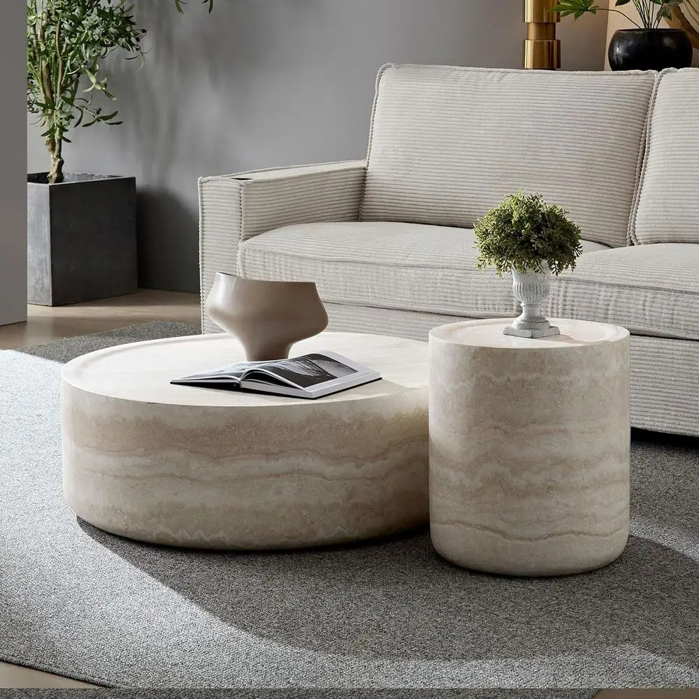 Round Living Room Marble Coffee Table with Travertine Inlay, No Assembly Required