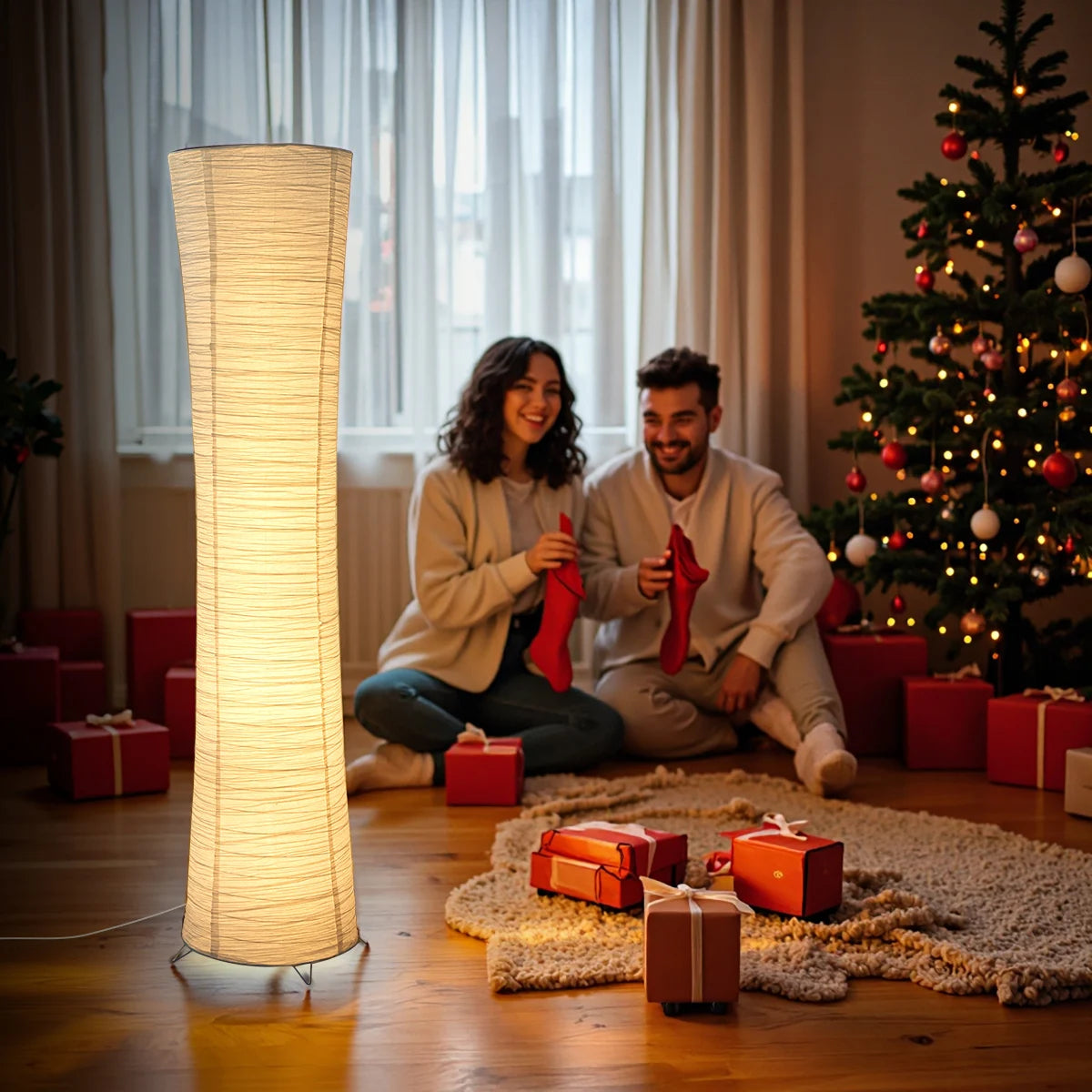 Paper floor lamp, paper and chrome-plated standing lamp, LED light strip, living room and bedroom decoration, festival lantern,