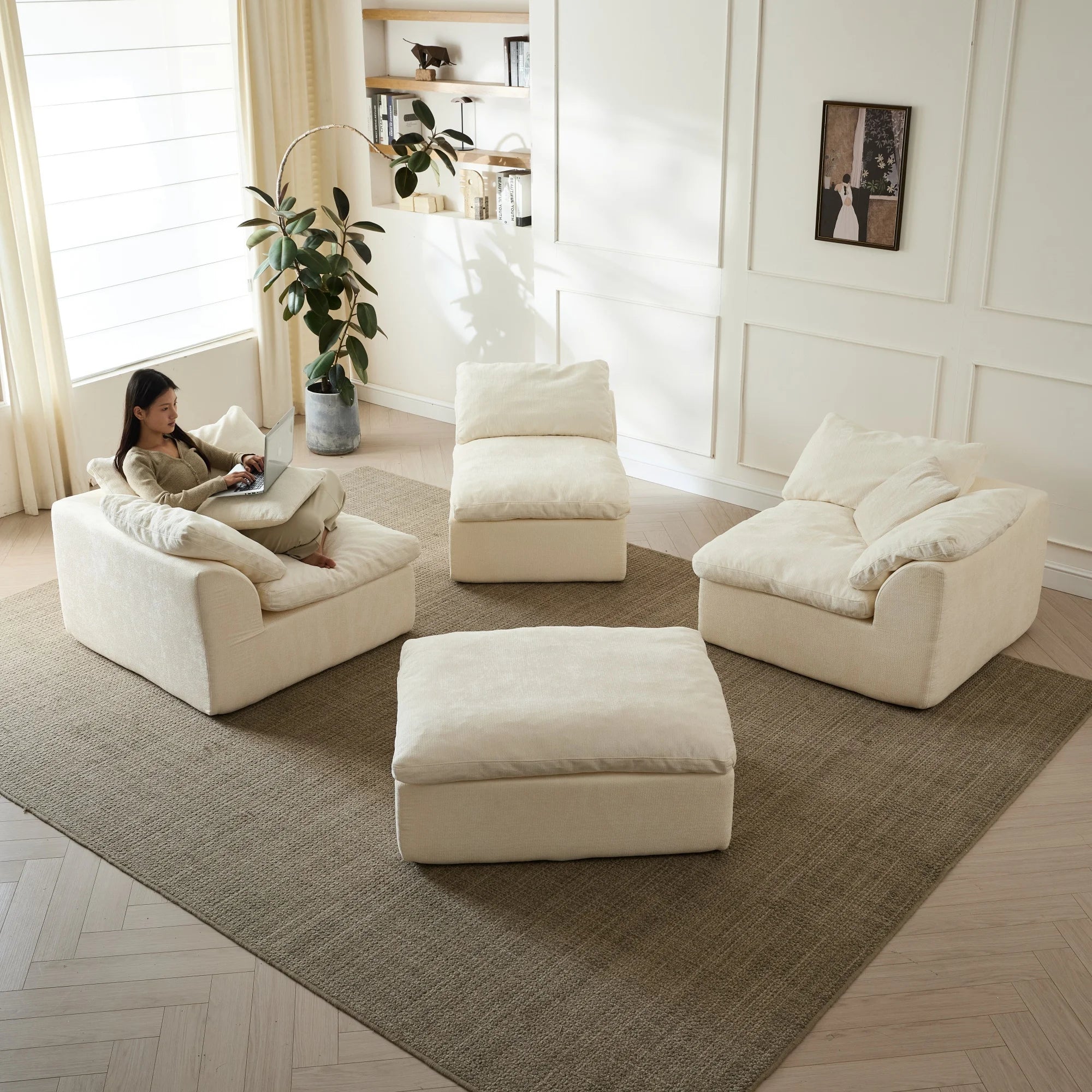 109" Modern Cloud L-Shaped 3-Seater Oversized Deep Seat Chenille Fabric Sofa White Modular Sectional with Ottoman