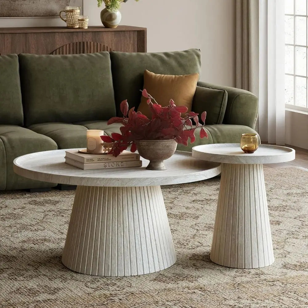 2-Piece Coffee Table Set with Marble Veneer, Round Travertine Tables for Living Room and Office