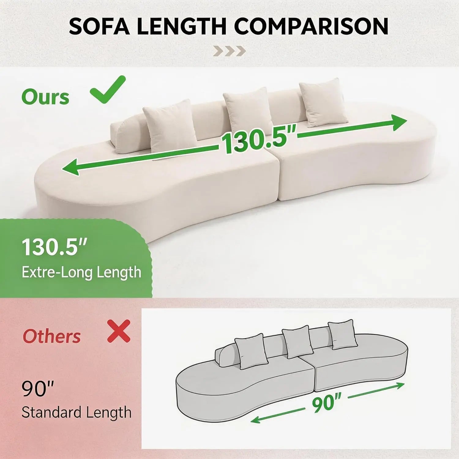 130” Boneless Sectional Couches for Living Room | Modern Curved Sofa Comfy Cloud Couch | Oversized Plush Modular, Customized