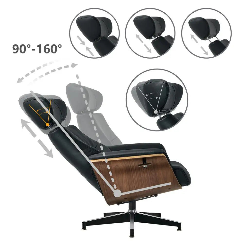 Modern Reclining Swivel Lounge Chair Walnut Black Genuine leather Ottoman include