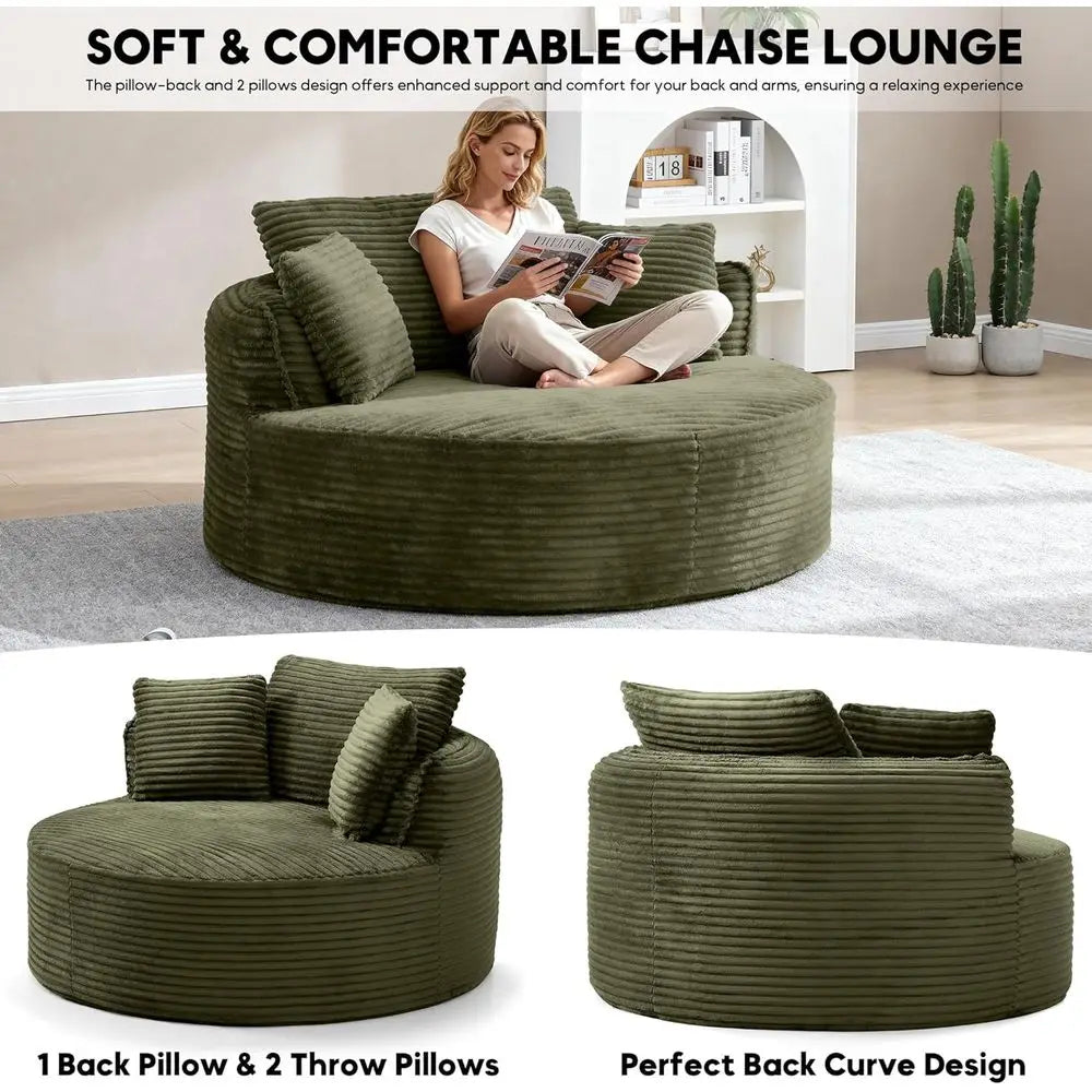 Large Round Corduroy Chaise Lounge Chair, 53.5 Deep Seat Sofa for Indoor Living & Bedroom, Green