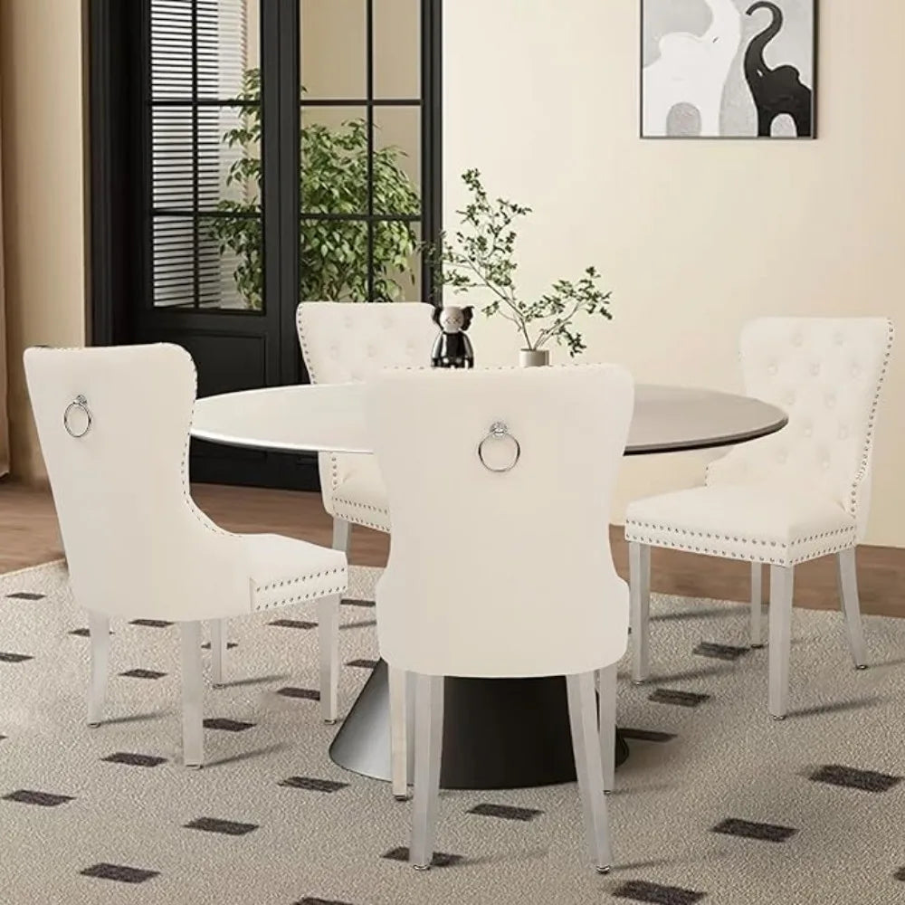Velvet Dining Chairs Set of 4, Tufted Upholstered Dining Room Chair with Pull Ring and Stainless Steel Legs, Customized