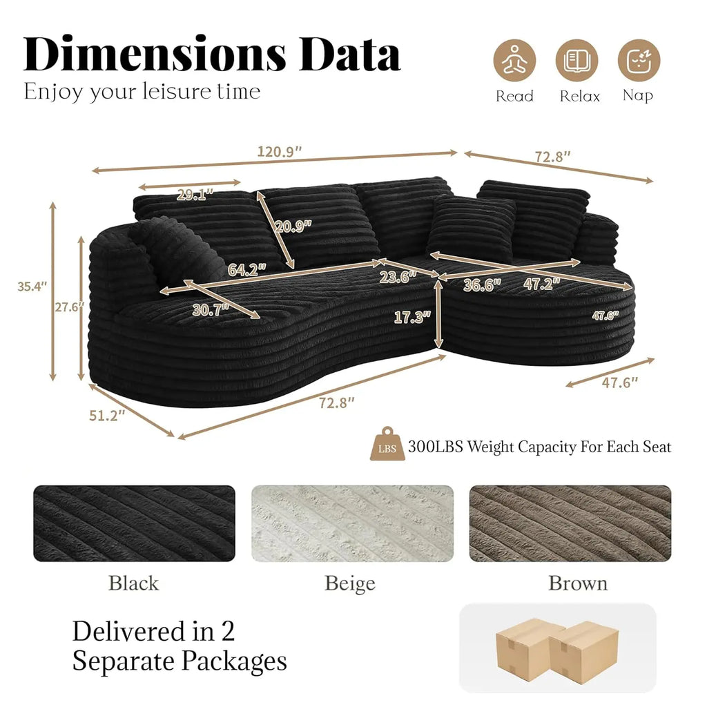 Curved Cloud Sectional Couch with Left L-Shape Chaise, Modular Boneless Sofa with Deep Seat, Upholstered Fluffy, Customized
