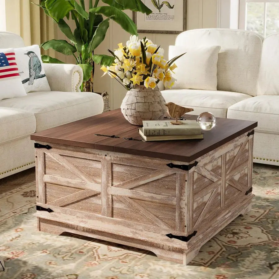 Farmhouse Coffee Table, HeavyDuty Coffee Table with Storage, Square Wood Center Table Set for Living Room with Pull Up Large Hid