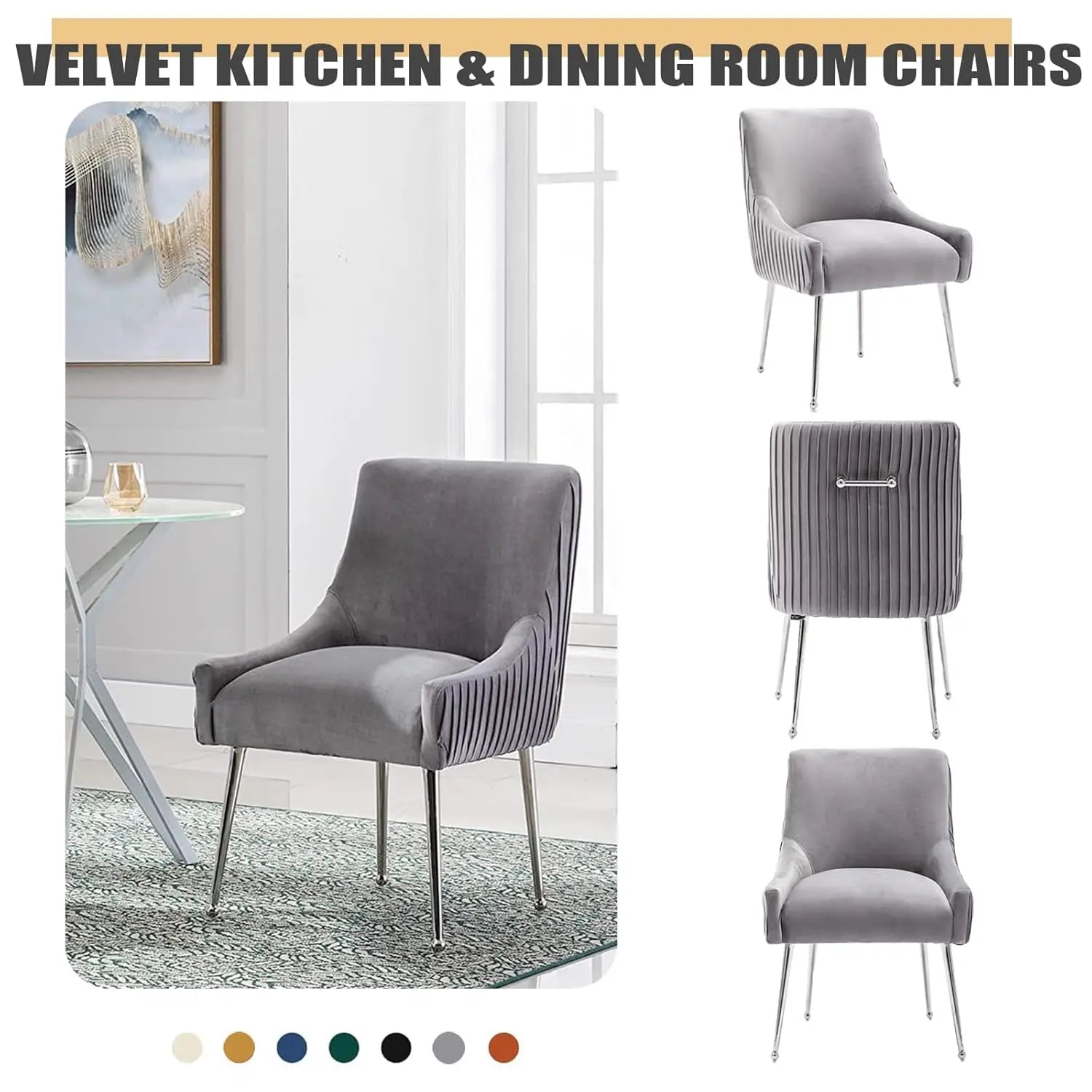 Dining Chairs Modern Style Velvet Upholstered Accent Chair Vanity Chair with Vertical Bar Tufted Chair with Silver, Customized