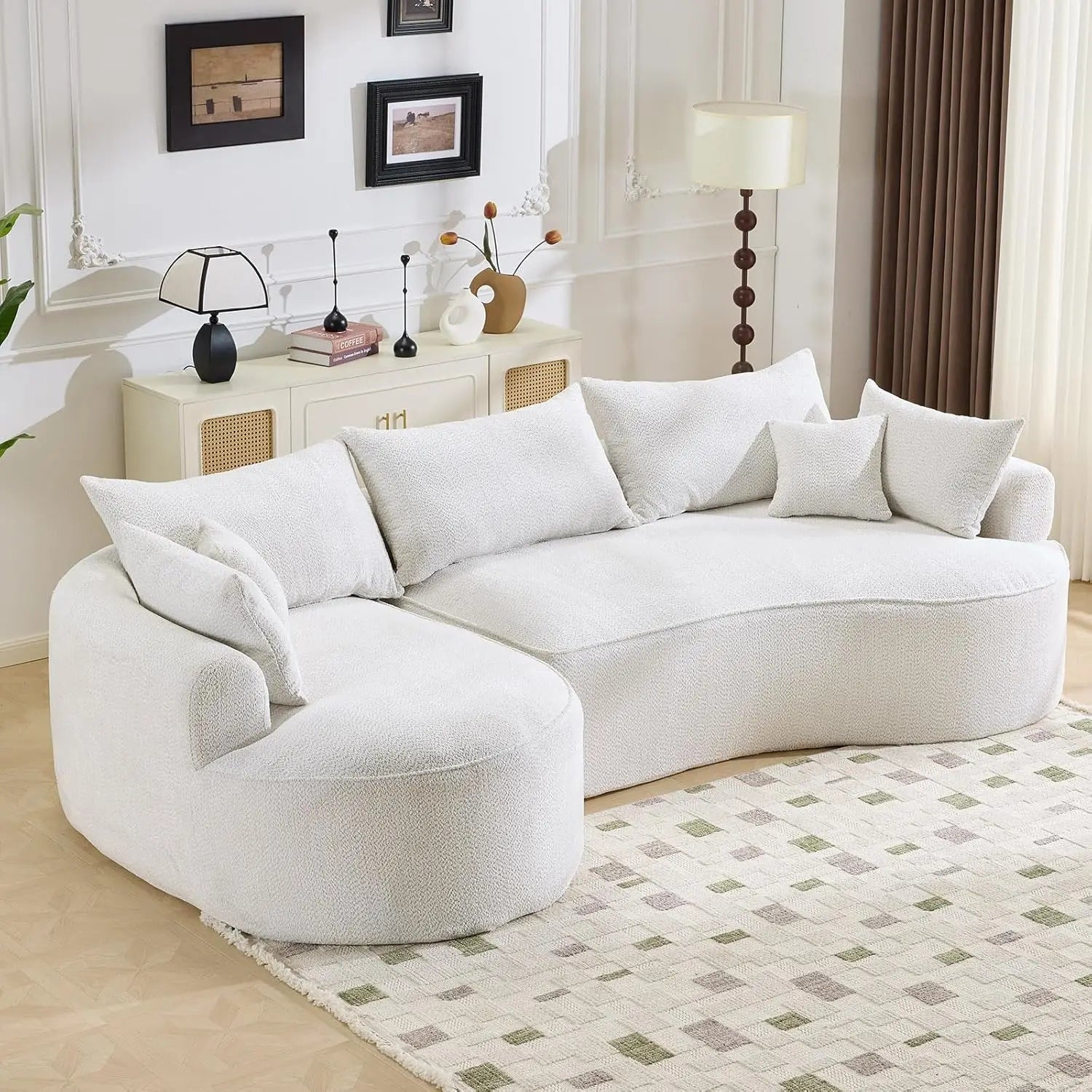 Curved Seat Sofa Design and 7 Pillows