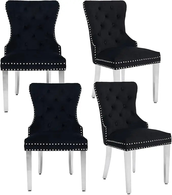 Velvet Dining Chairs Set of 4, Tufted Upholstered Dining Room Chair with Pull Ring and Stainless Steel Legs, Customized