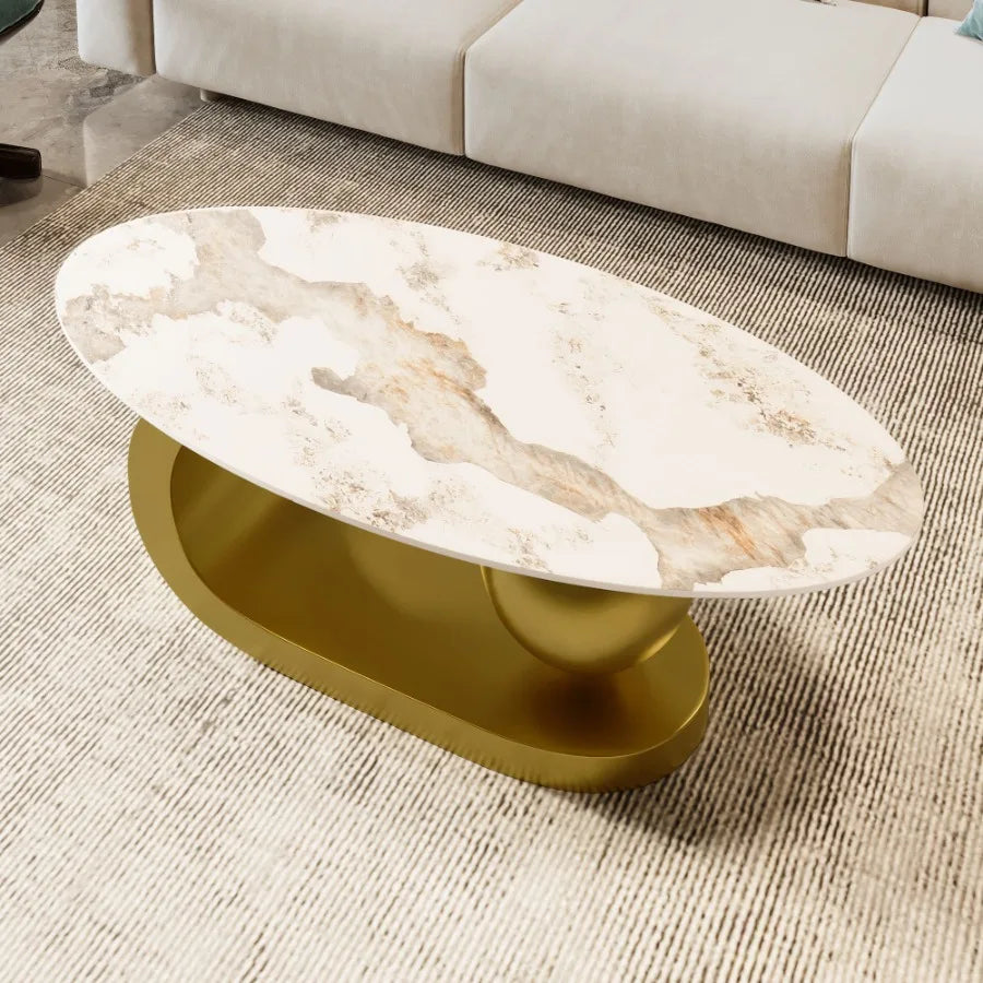 Modern Oval Coffee Table for Living Room Marble Pattern Sintered Stone Coffee Tabletop with Gold Stainless Steel Base in 47.2"