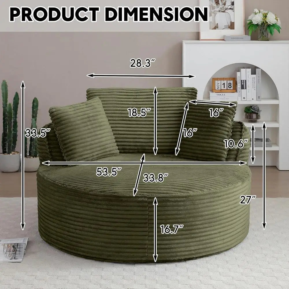 Large Round Corduroy Chaise Lounge Chair, 53.5 Deep Seat Sofa for Indoor Living & Bedroom, Green