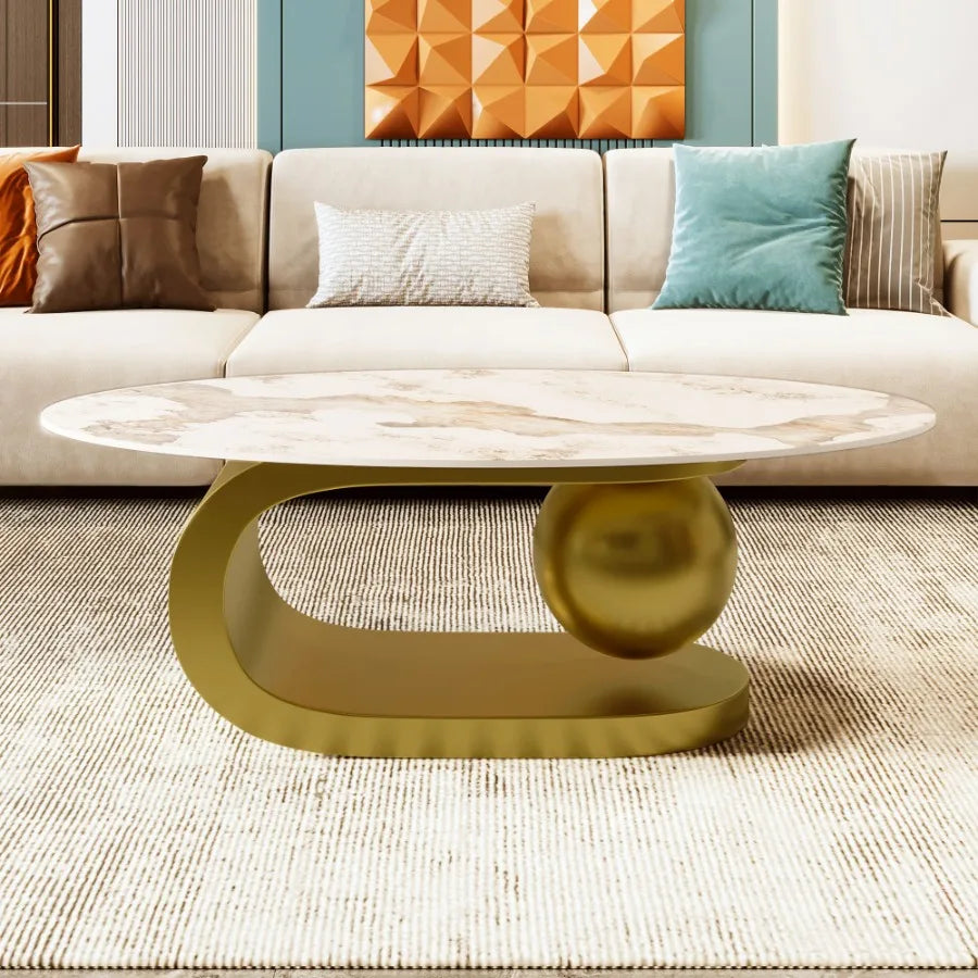 Modern Oval Coffee Table for Living Room Marble Pattern Sintered Stone Coffee Tabletop with Gold Stainless Steel Base in 47.2"