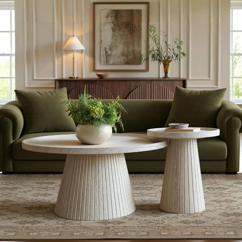 2-Piece Coffee Table Set with Marble Veneer, Round Travertine Tables for Living Room and Office