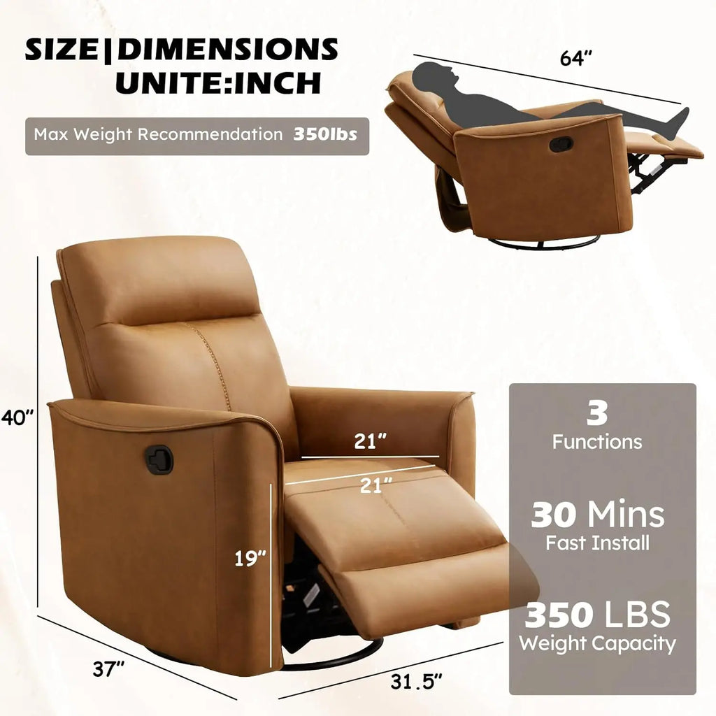 Manual Swivel Rocker Recliner, Glider Recliners with Padded Armrest and Backrest Reclining Sofa for Living Room