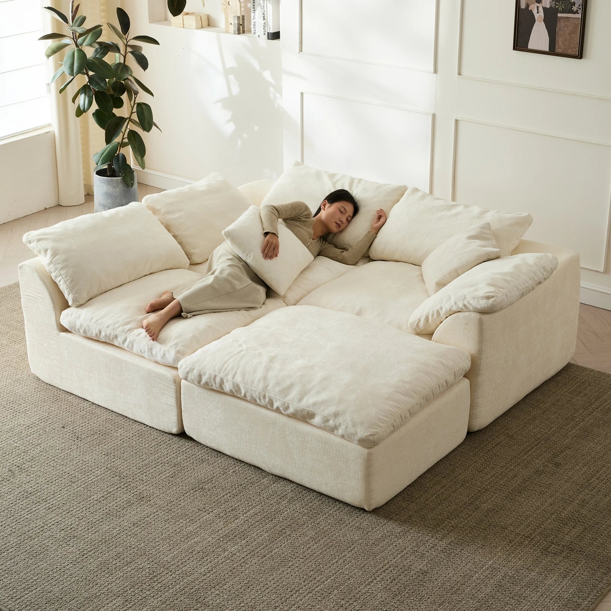 109" Modern Cloud L-Shaped 3-Seater Oversized Deep Seat Chenille Fabric Sofa White Modular Sectional with Ottoman