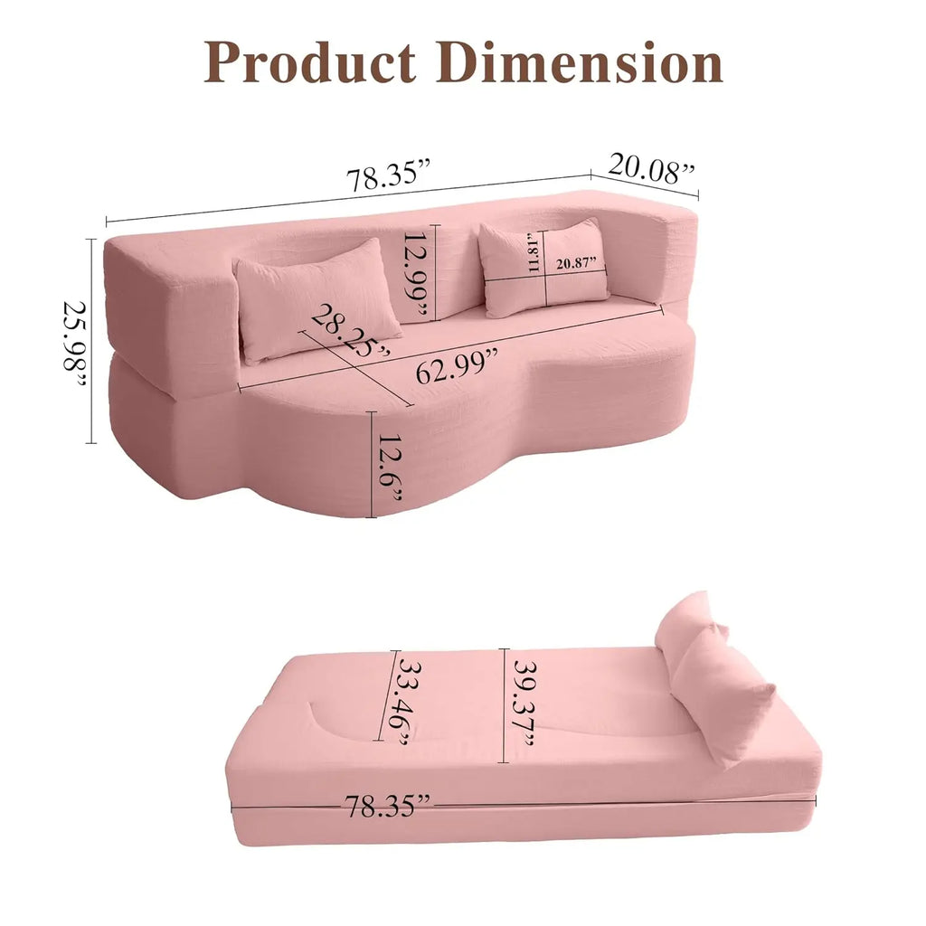 Queen Convertible Sofa Bed 2-in-1 Teddy Fabric Folding Floor Couch Mattress Living Room Guest Room No Assembly Pink, Customized