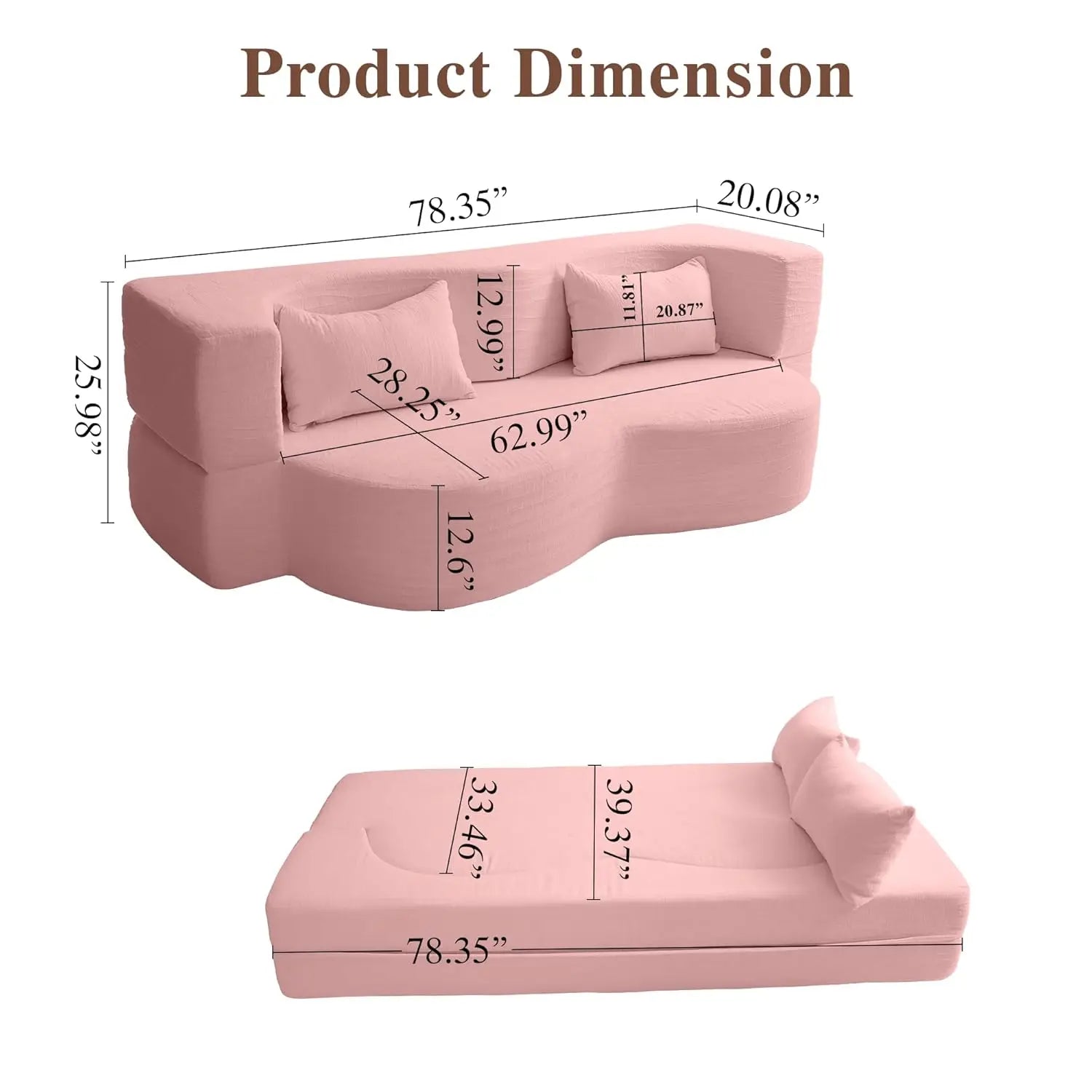 Queen Convertible Sofa Bed 2-in-1 Teddy Fabric Folding Floor Couch Mattress Living Room Guest Room No Assembly Pink, Customized
