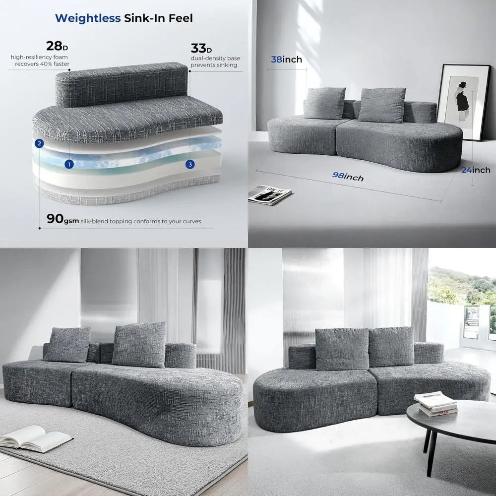 98 Curved Grey Couch with Halo Moon Pattern, Sofa Bed with 2 Pillows & 4 Seating Options for Living Rooms and Offices, Ready to