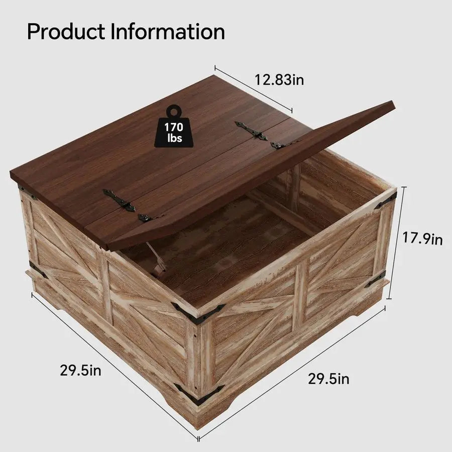 Farmhouse Coffee Table, HeavyDuty Coffee Table with Storage, Square Wood Center Table Set for Living Room with Pull Up Large Hid
