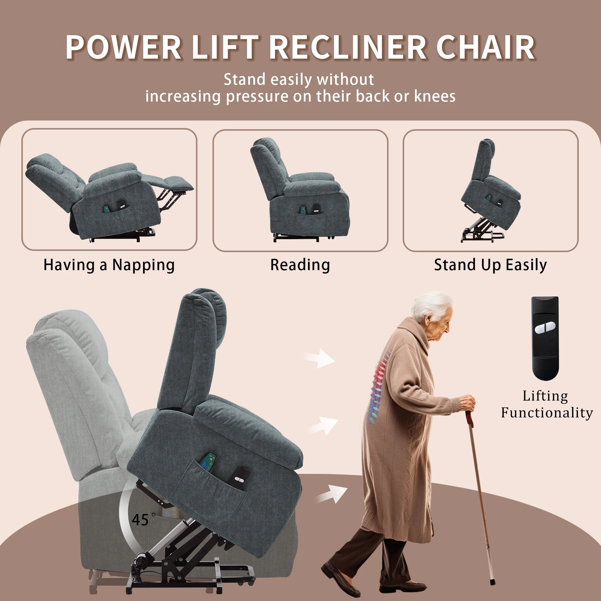 Oversized Power Electric Lift Recliner for Elderly with Massage and Heat, Extra Wide Recliner with Side Pockets for Living Room