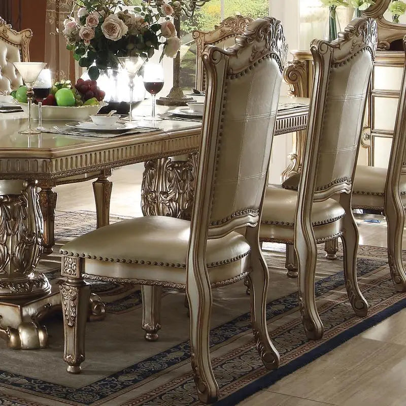 Set of 2 Bone and Gold Patina Tufted Back Arm Chairs