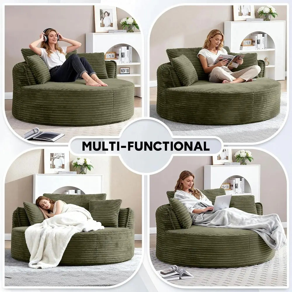 Large Round Corduroy Chaise Lounge Chair, 53.5 Deep Seat Sofa for Indoor Living & Bedroom, Green