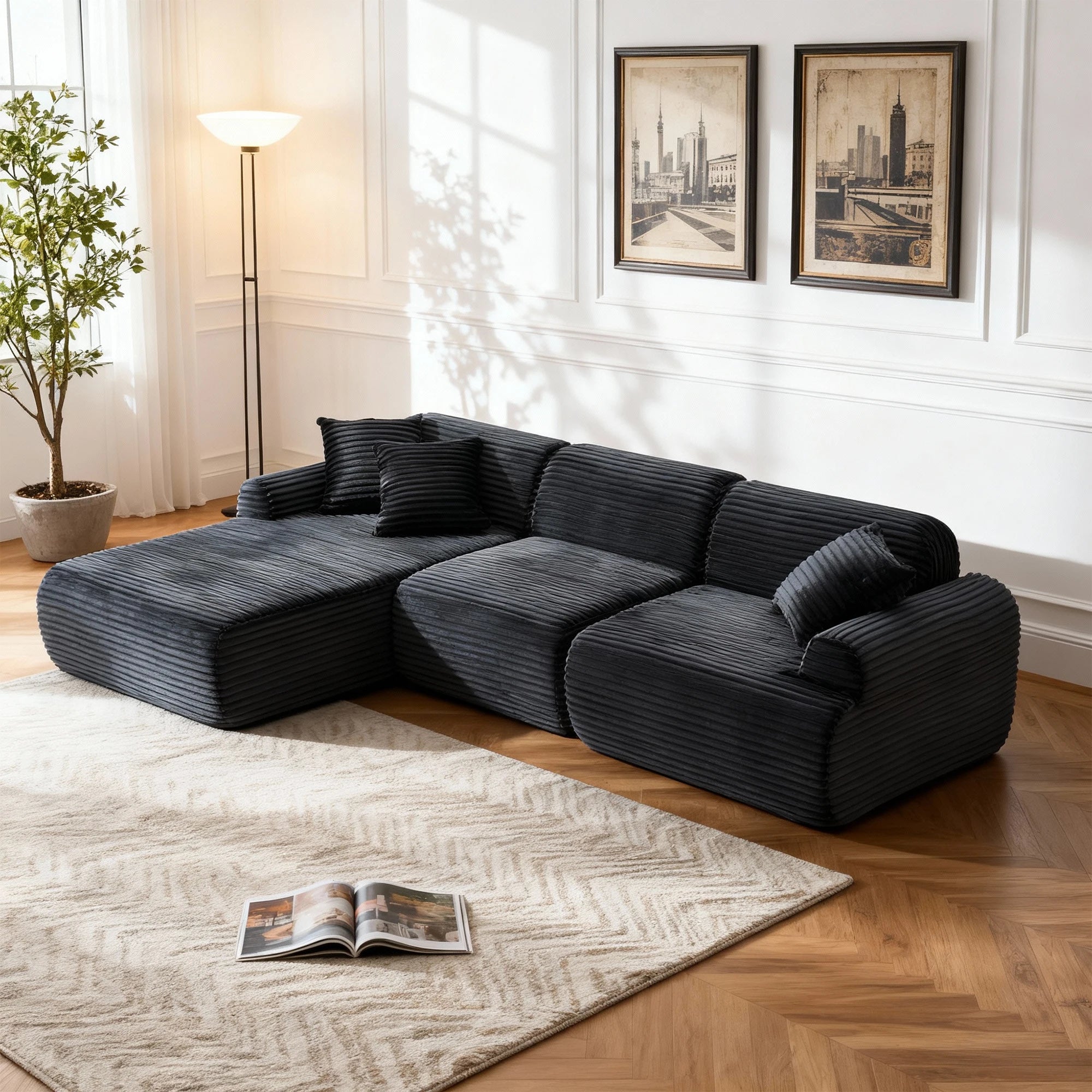 L-shaped oversized modular leather segmented sofa, leather deep seat modular corduroy sofa, suitable for families and big spaces